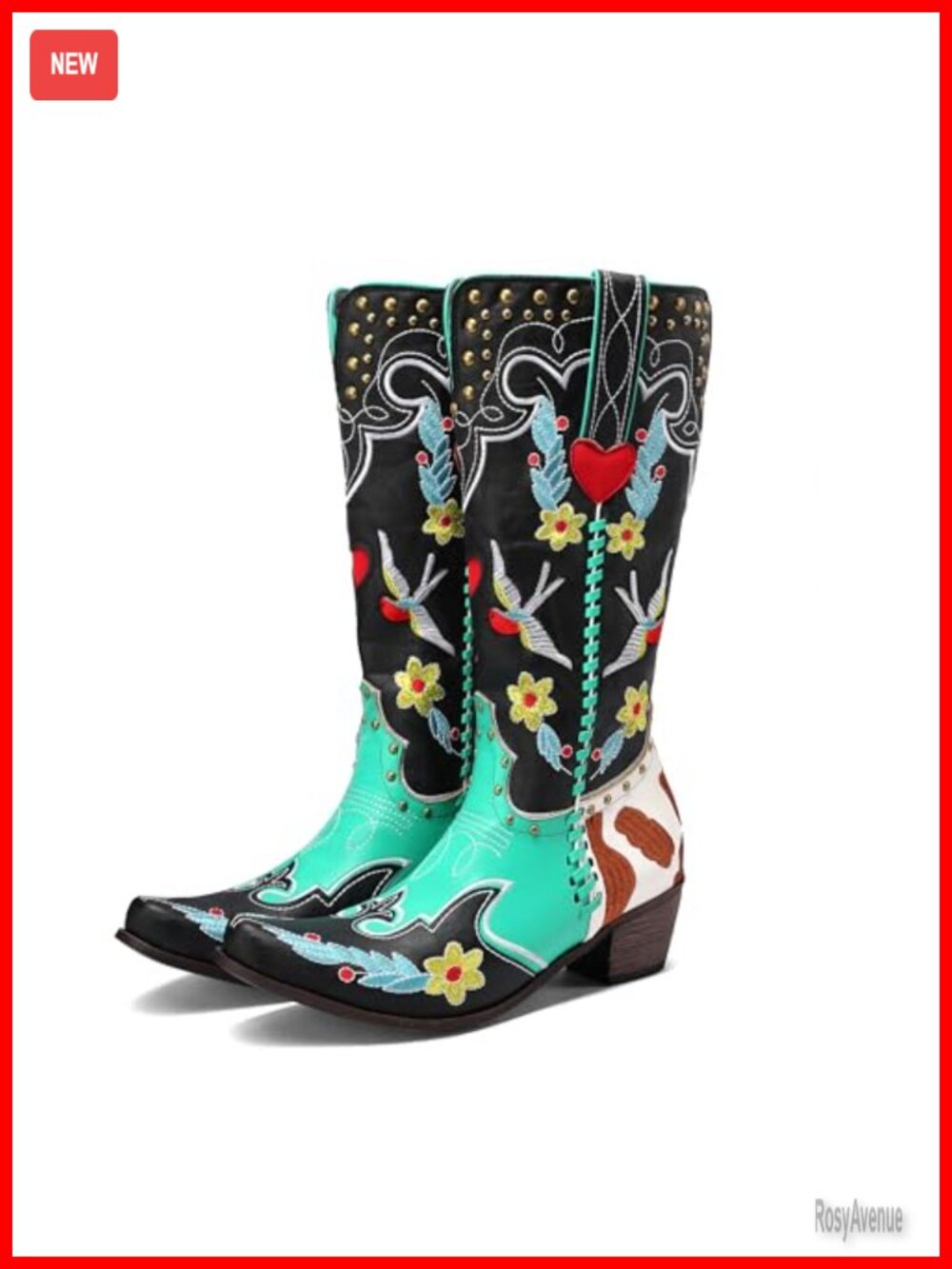 Floral Embroidered Western Cowgirl Boots Faux Leather Wide Calf